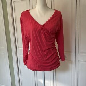 Grace Coral Wrap Ruched Blouse 3/4 Sleeve